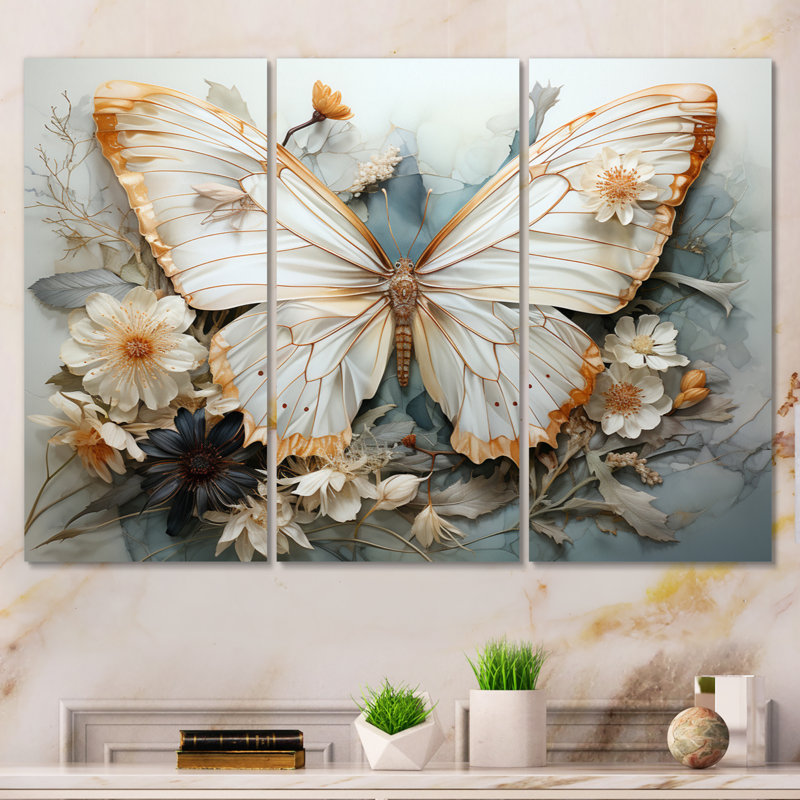 Papillon blanc gris, motifs complexes sur toile, 3 pièces, H 28 po x l 36 po x P 1 po