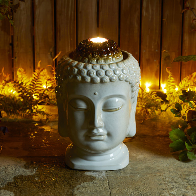 Fontaine d'extérieur avec lumières DEL, fontaine de table / tête de Bouddha de style zen H 18,75 po, céramique texturée beige sable