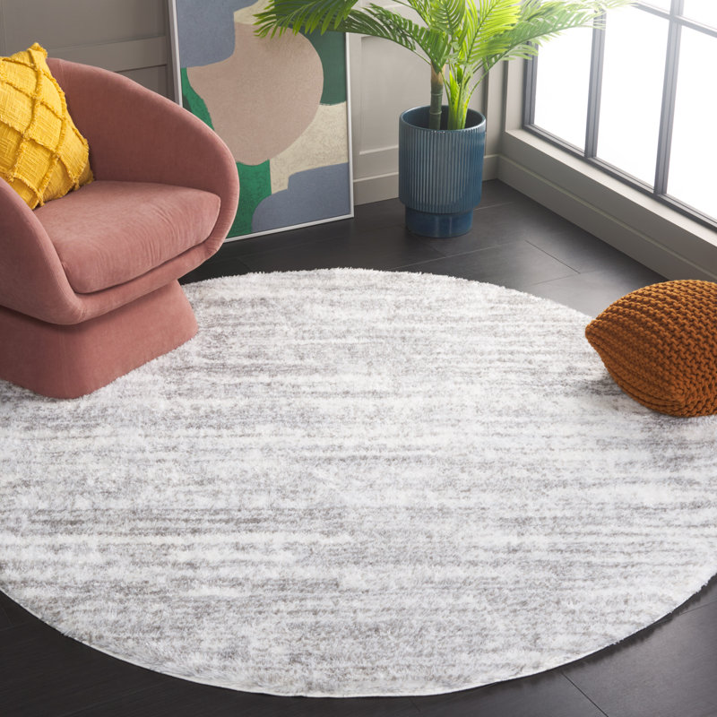 Tapis à poils longs Phaidra 653 en ivoire / gris, Rond 6 pi 7 po