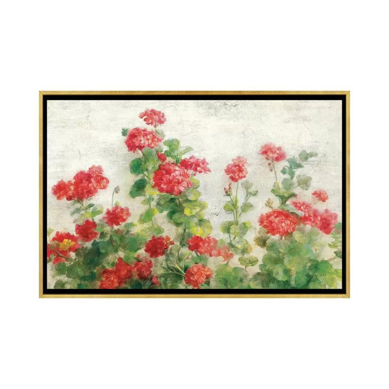 "Géraniums rouges on White" par Danhui nai, reproduction d’art, H 26 po x l 40 po x 1,5 po, Toile encadrée d'or, Pas de tapis
