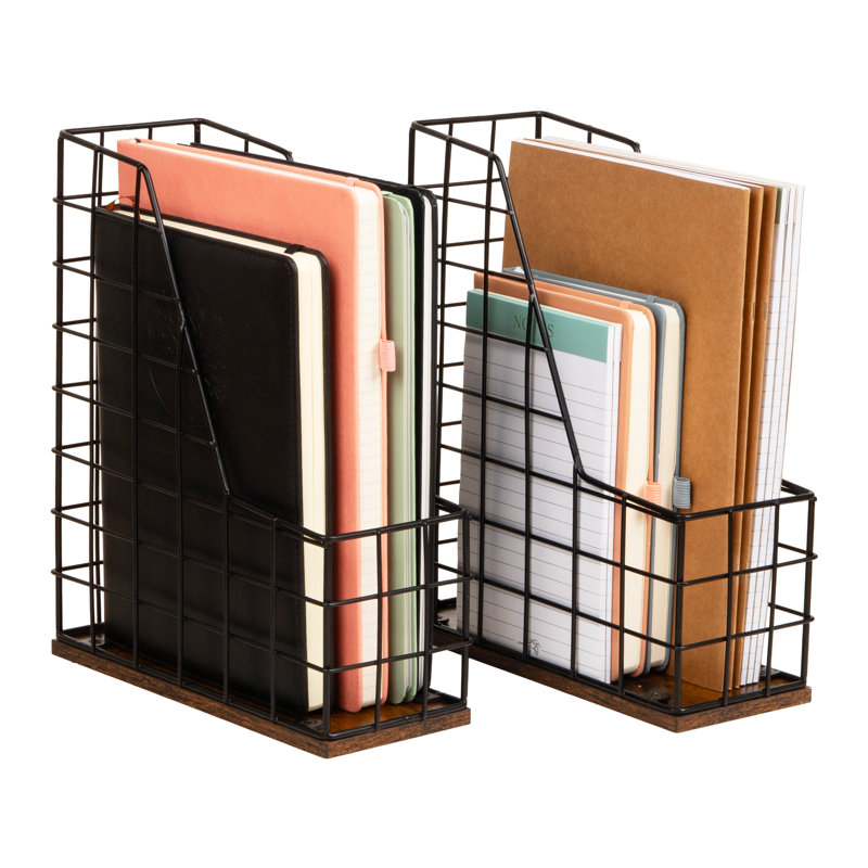  Classeur vertical vertical avec base en bois et structure en métal noir, porte-revues de bureau, porte-documents moderne