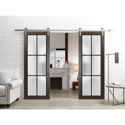 Sturdy Double Barn Door with Frosted Glass Planum 2122 Chocolate Ash 13FT Silver Rail Hangers Heavy Set Modern Solid Panel Interior Doors-84" x 96" (2* 42x96)-Silver Rail
