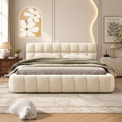 Grand lit plateforme tapissier avec tissu épais et lit au sol avec structure solide