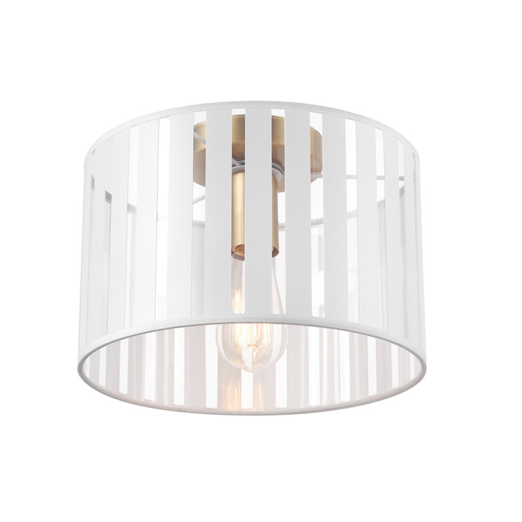 1-Light Matte Brass Flush Mount Ceiling Light with Clear and White Striped Plastic Shade
