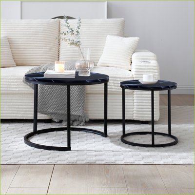 Black Marble Pattern Round Coffee Table Set of 2 – Space-Saving for Living Room Bedroom, Modern Industrial Style
