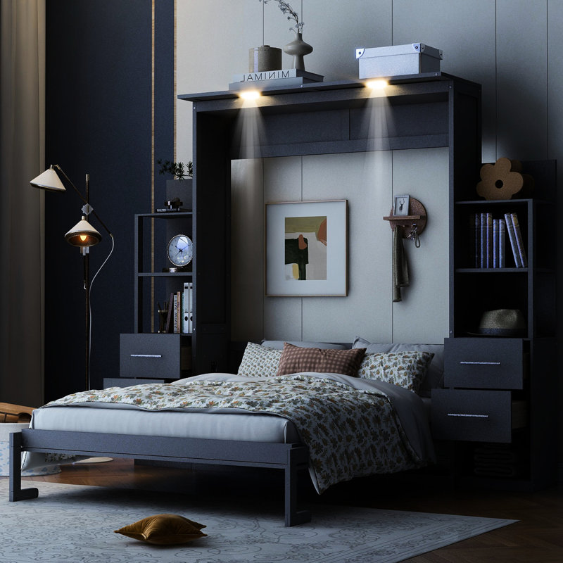 Lit pour petit appartement - Grand lit gris avec tablettes, tiroirs et lumières à DEL, Grand lit