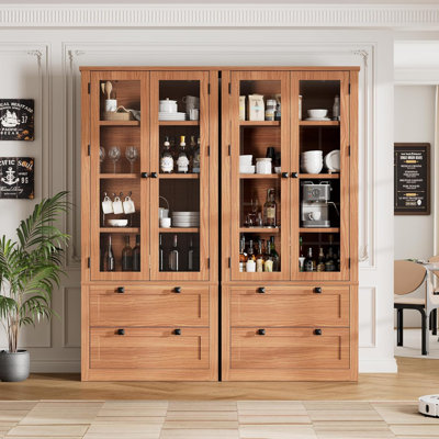 71" Tall Kitchen Pantry Cabinet with Drawers & Glass Doors, Farmhouse Storage Cupboard, Walnut