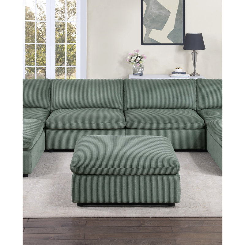 Carré moderne en velours côtelé sauge avec coussin confortable et pieds en bois