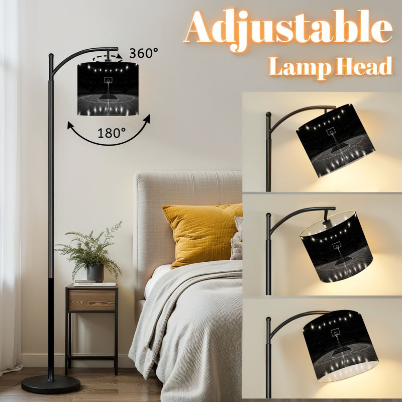 Lampe sur pied à arc avec abat-jour réglable Basketball noir et blanc avec lumières de stade et sièges debout