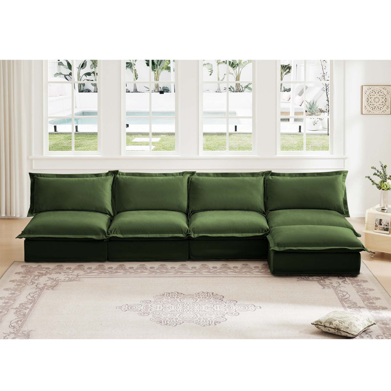 Canapé modulaire polyvalent avec repose-pieds amovible pour le confort du salon, Chenille verte