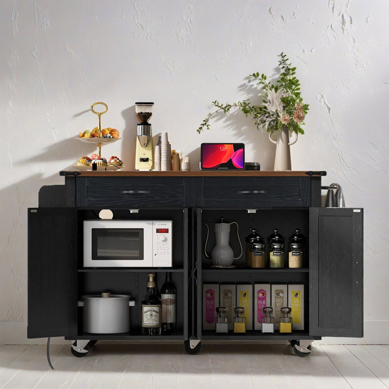 Îlot de cuisine de 53,52 po avec prise de courant, chariot de rangement roulant avec abattant, support à épices et tiroir pour la cuisine, la salle à manger