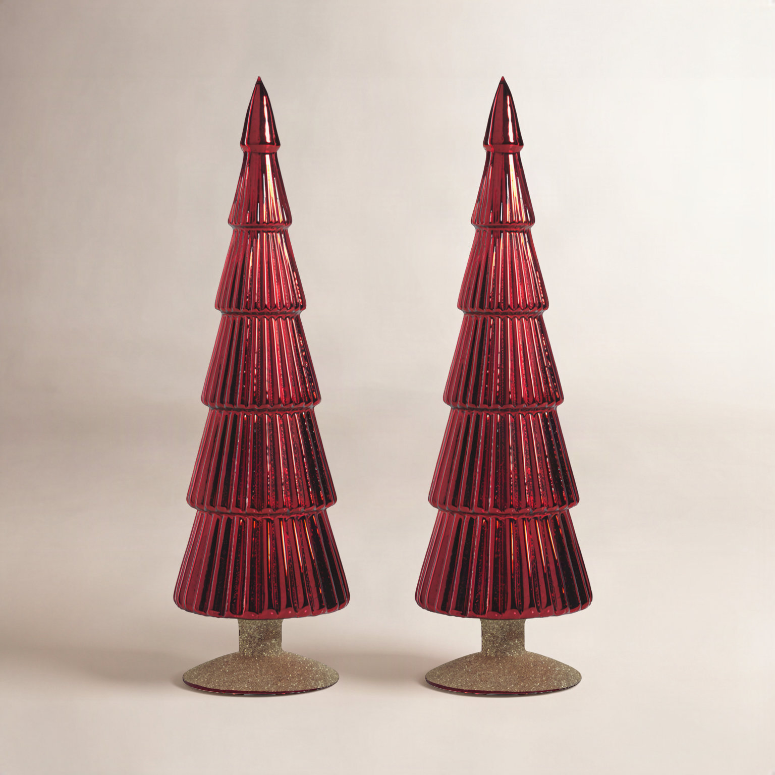 Halette 2-Piece Red Glass Tabletop Tree Set, 13.5" H x 3.5" W x 3.5" D, Light Green/Gold