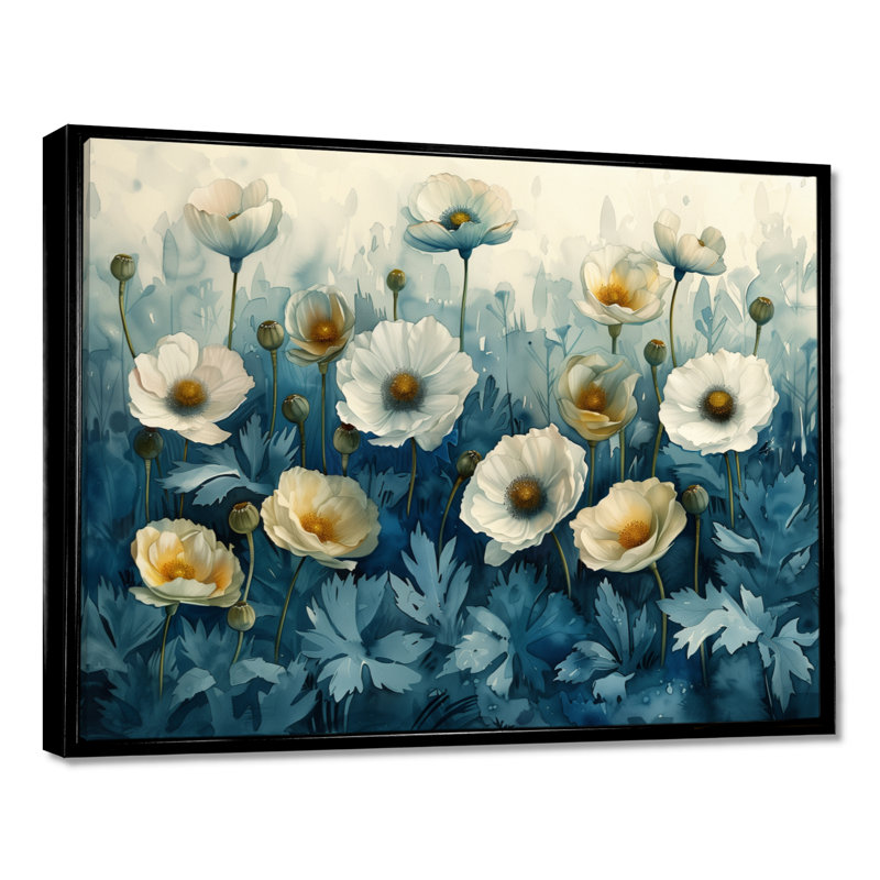 Blanc, bleu, jardin, fête, coquelicots - coquelicots, art mural, Toile avec cadre flottant noir, H 12 po x l 20 po x P 1 po