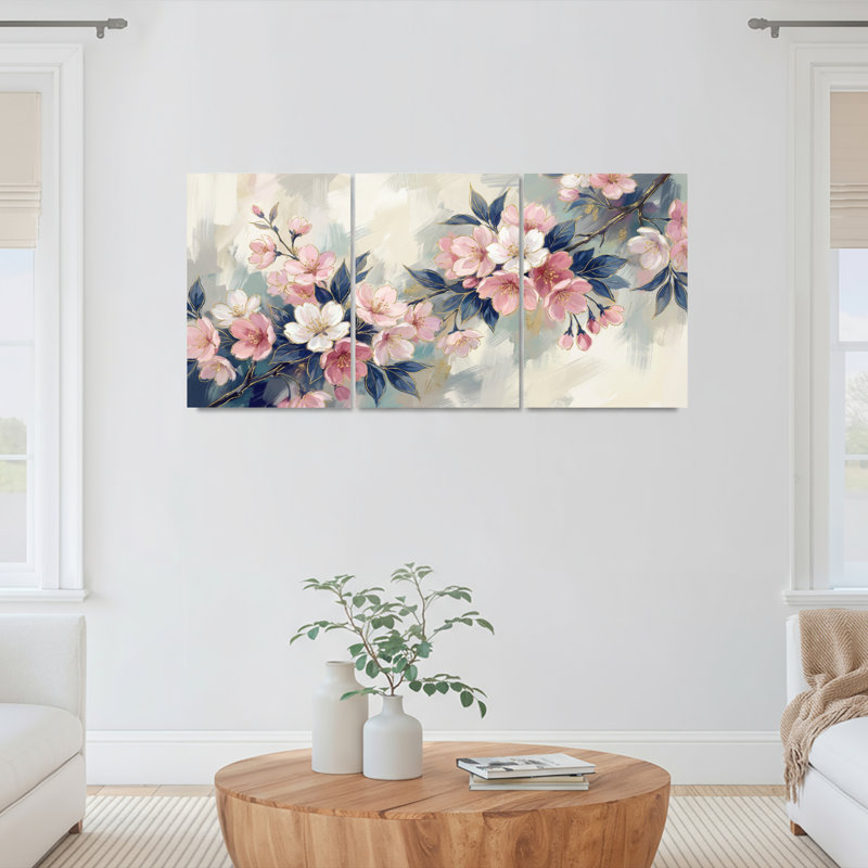Ensemble de 3 tableaux muraux sur toile à motifs floraux de fleurs de cerisier, pour la décoration du salon et de la chambre.