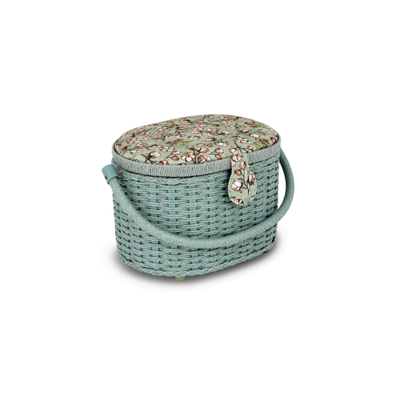 Small Soft Green Floral Oval Weaved Sewing Basket with Cord Handle