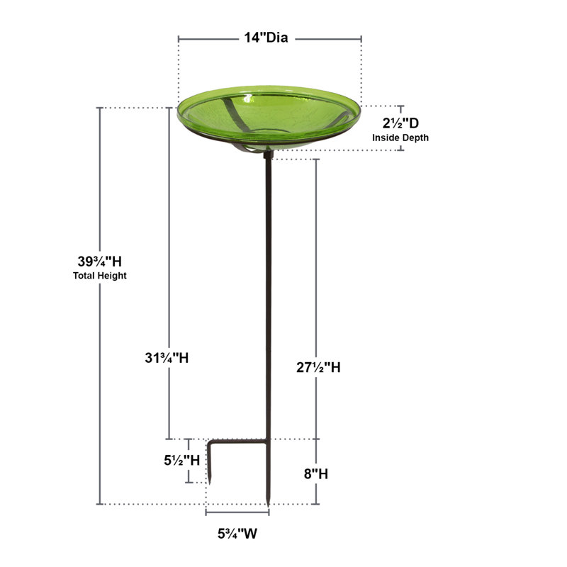 Fern Green Hand Blown Glass Birdbath with Stake