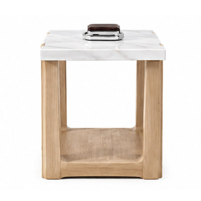 Sane Side End Table, 24 Inch White Faux Marble Top with Shelf, Brown