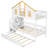 Twin Size Wooden House Roof Bunk Bed with Window Door and Roof,Storage Staircase and Trundle,White+Natural-6200772