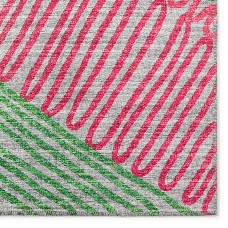 Tapis rose / gris / vert abstrait tissé à la machine, Rectangle 1 pi 8 po x 2 pi 6 po