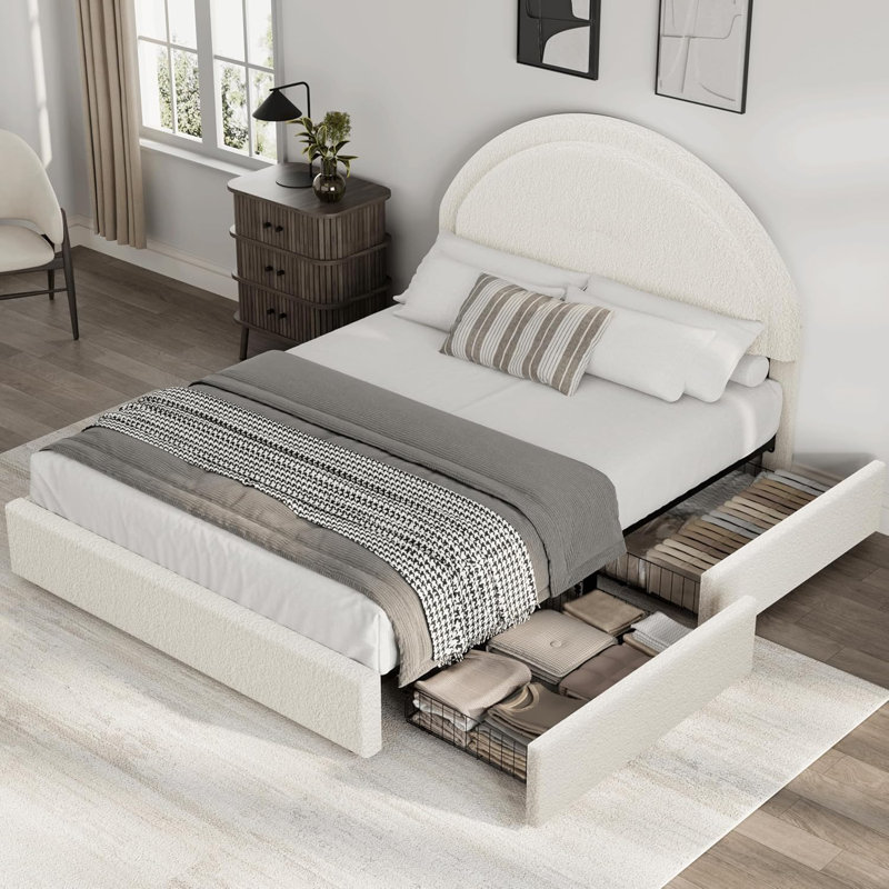 Base de lit tapissier avec 2 tiroirs de rangement Modern - Boucle Modern, Blanc, Lit double