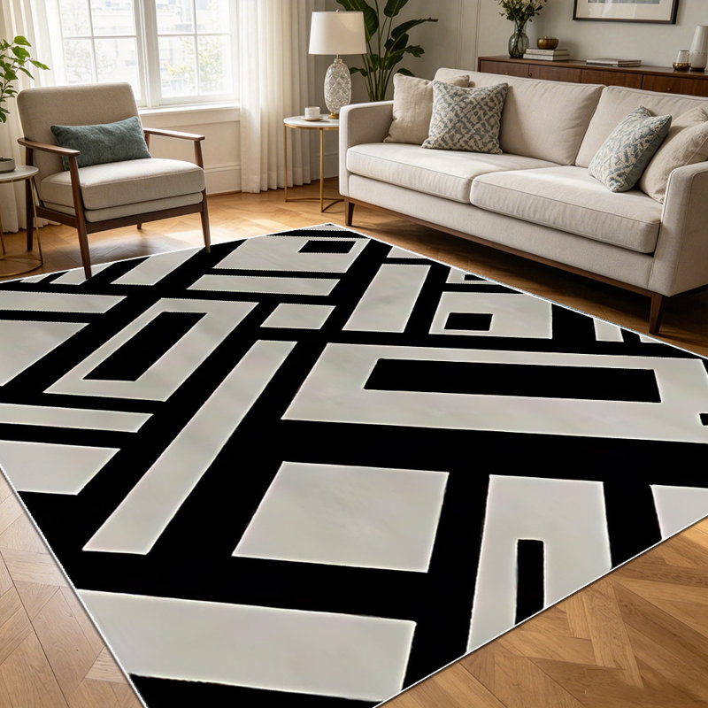 1PC Geometric Abstract Black Beige Maze Pattern area rugs for Living Room, Soft and Comfortable, Suitable for all seasons, easy-to-maintain, machine washable Indoor floor mat, Under Table Farmhouse suitable for dining room, entryway, bedroom, home