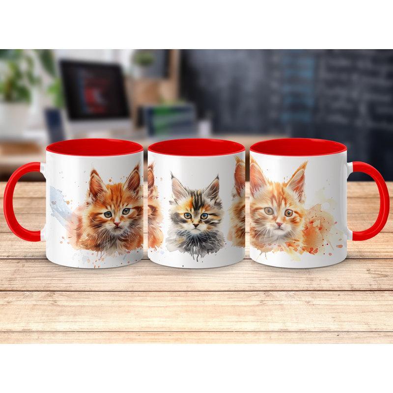 Cat Design 11oz Accent Mug – White Ceramic Coffee Cup with Colored Handle and Interior, 2, Red