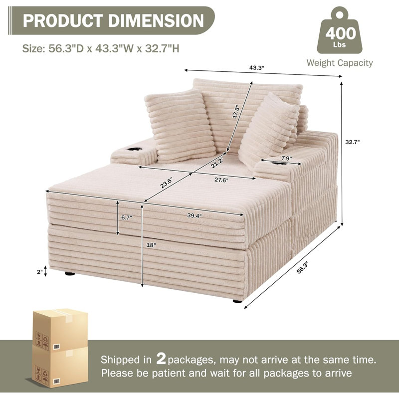 Méridienne surdimensionnée rembourrée en velours côtelé avec repose-pieds avec rangement, 3 coussins inclus, canapé-lit convertible Cloud