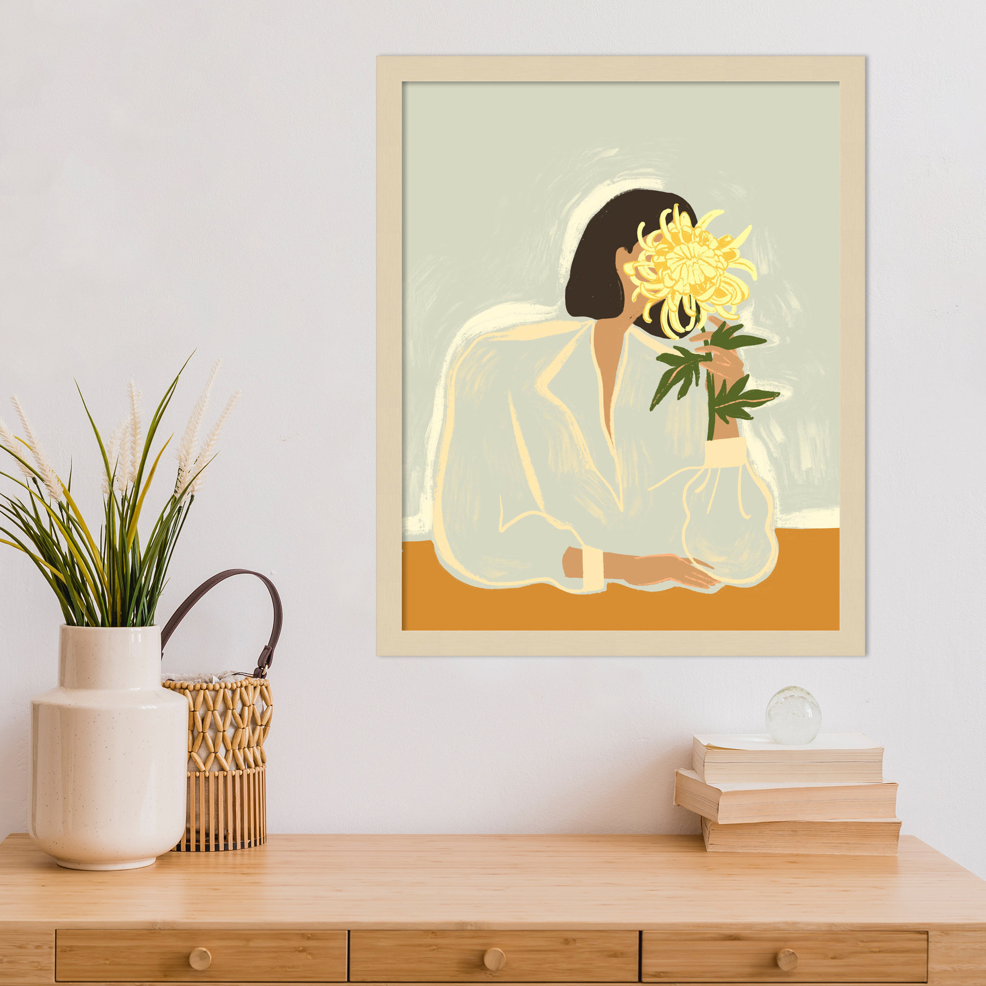 Lady With Chrysanthemum by Arty Guava Wood Framed Wall Art Print, Brown, 21" H x 17" W