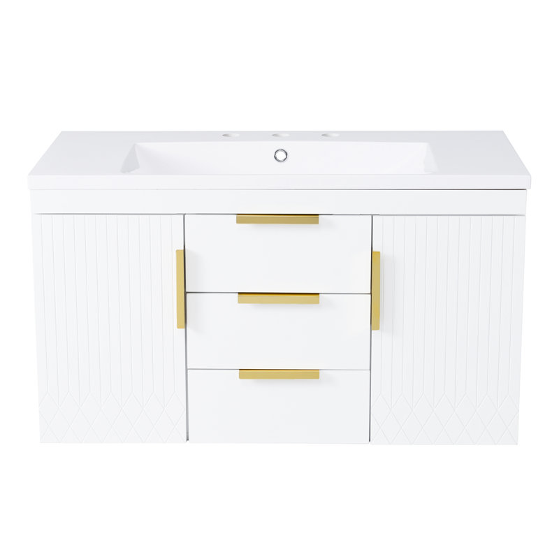 Meuble-lavabo de 36 po, fixé au mur avec 2 tiroirs, rangement suffisant, matériaux de haute qualité, charnières, poignées antirouille, finition imperméable, lavabo à trois trous de 36 po x 18 po, assemblage facile, couleur blanche,