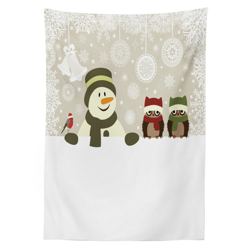 Snowman Owls in Snowy Winter Day with Jingle Bells Snowflake Image Tablecloth, 90" x 60"