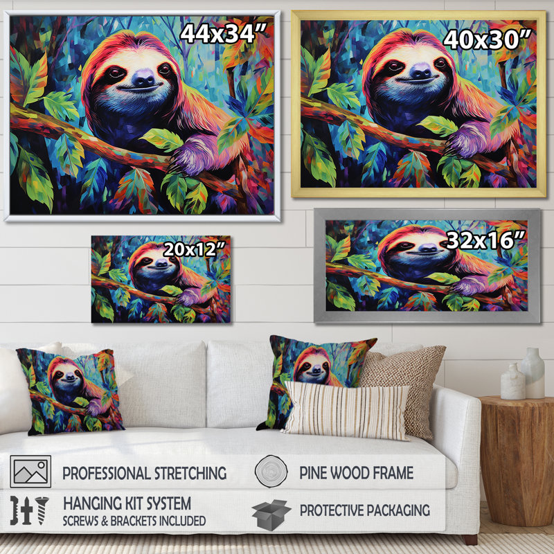Impression d'art sur toile paresseux coloré I, H 34 po x l 44 po x P 1,5 po, Cadre flottant blanc