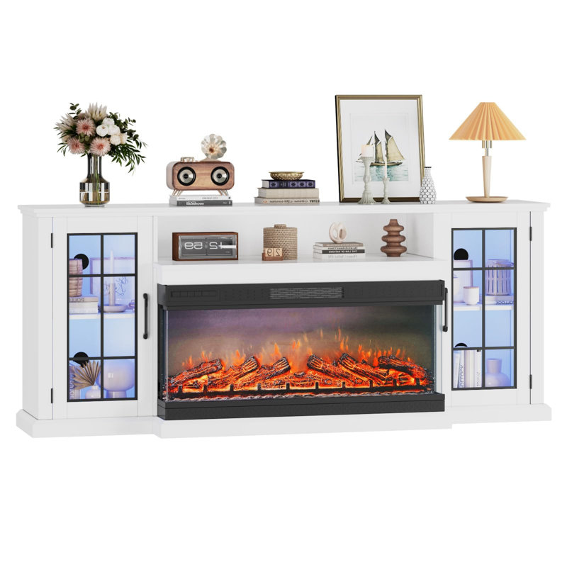 75" Fireplace TV Stand with 3-Sided Glass & Adjustable LED Flame, Electric Fireplace Modern Entertainment Center Console Table Cabniet, Glass Doors & Storage Shelves for TVs up to 85", White