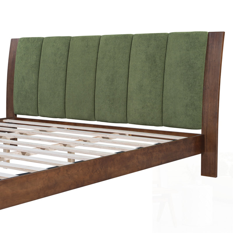 Base de lit en bois avec tête de lit Mid-Century, Très grand, Noyer / vert