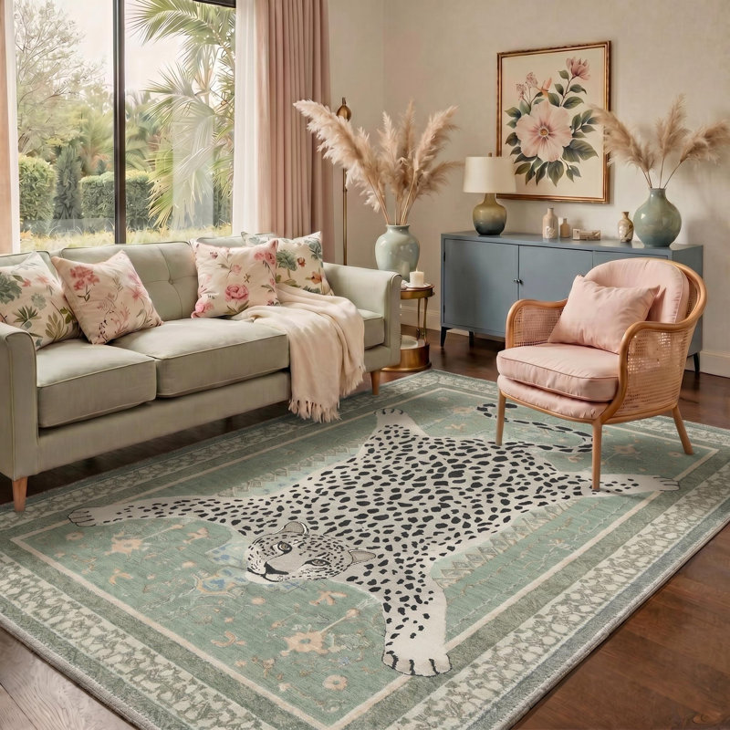 Tapis bleu à imprimé léopard Alinda, Rectangle 9 pi x 12 pi, Blue