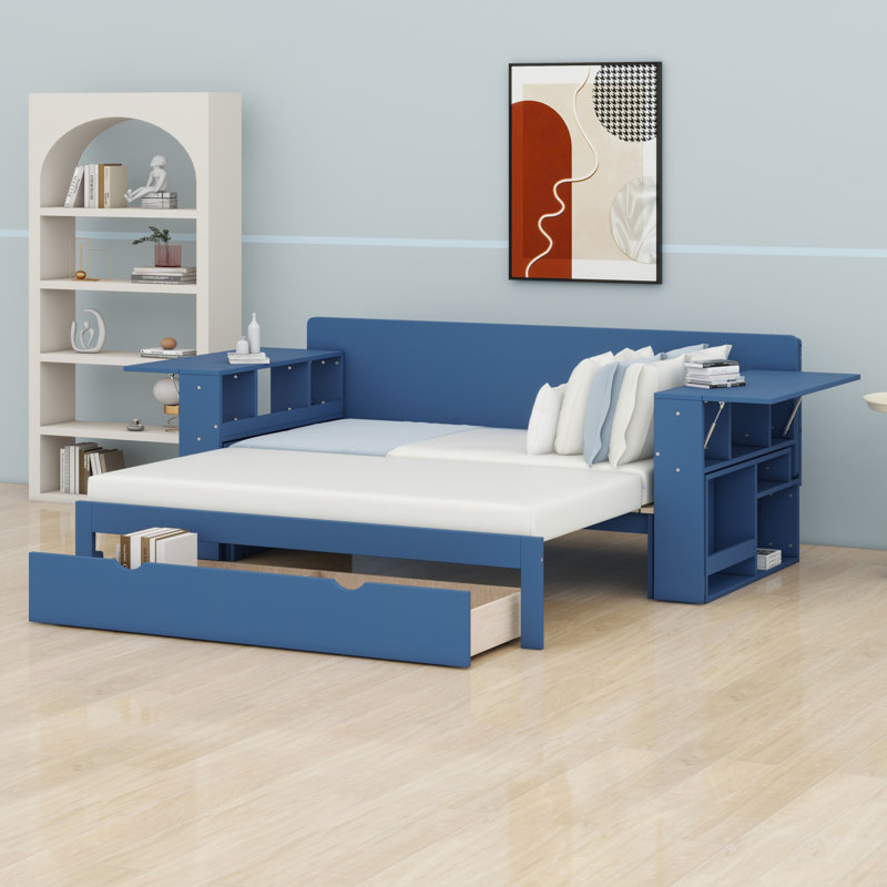 Lit de jour avec bureau amovible, tiroirs de rangement et table d'appoint hydraulique, Bleu