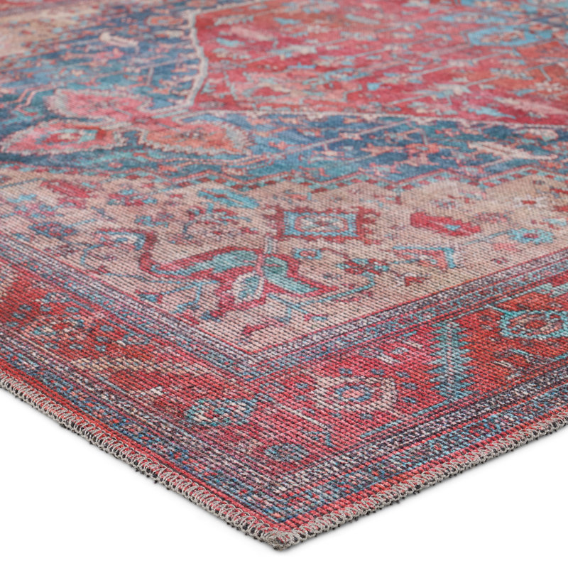 Beesley Machine Washable Handmade Red/Blue Rug, Rectangle 5'3" x 8'