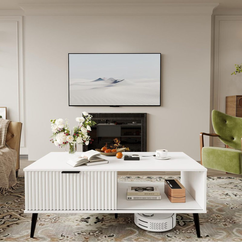 Coffee Tables for Living Room, Farmhouse Center Table with Hidden Storage and Fluted Sliding Door, Dining Table for Home Apartment Office