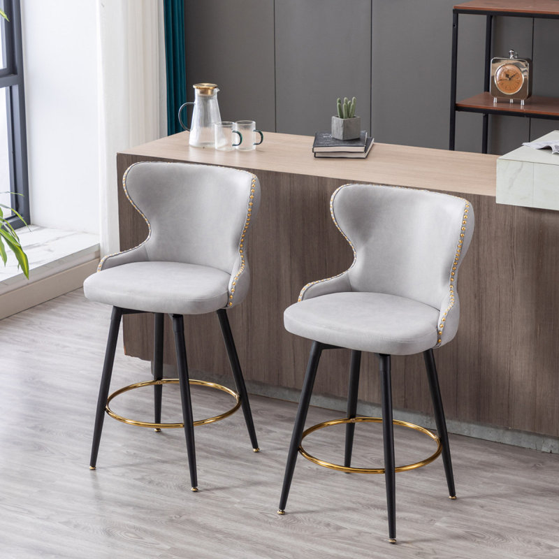 Ensemble 2 pièces de tabourets de bar pivotants à 180 ° avec pieds en métal, Gris clair, Siège d'une hauteur de 25,5 po