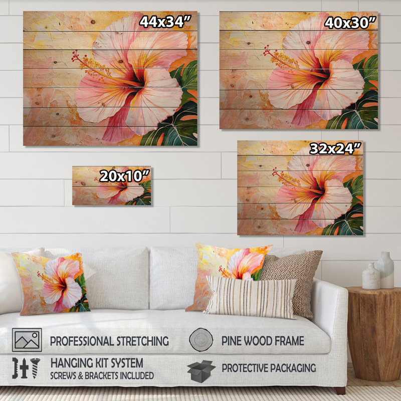 Hibiscus coucher de soleil à Hawaï - Décoration murale traditionnelle en bois sur bois de pin naturel, H 24 po x l 32 po