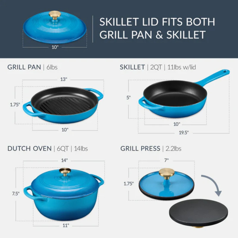 6-Piece Enameled Cast Iron Cookware Set, Blue