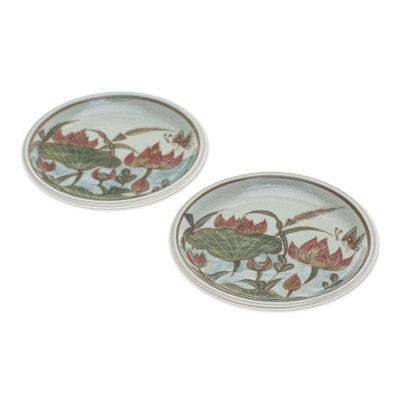 Red Barrel Studio® Handmade Lotus Flower Delight Celadon Ceramic Dessert Plates (Pair)
