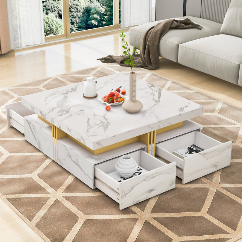 Modern Square Storage Coffee Table With 4 Drawers, White