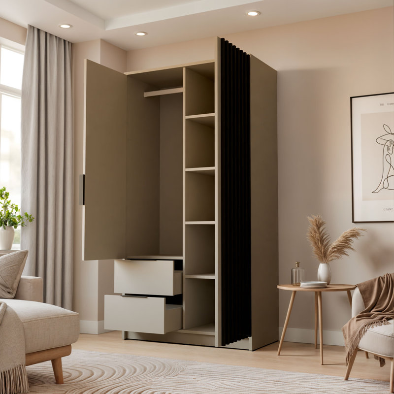 NELA Wardrobe with Slatted Fronts, 105 cm, mirror included