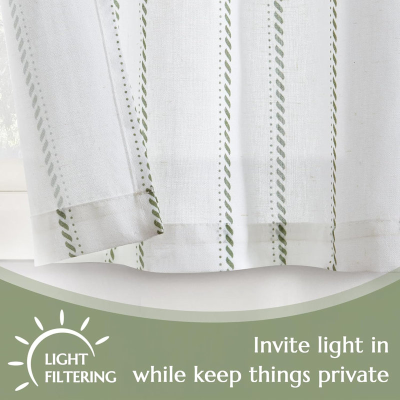 Linen Striped Kitchen Curtains Rod Pocket Tier Curtains, 26" W x 24" L, Green