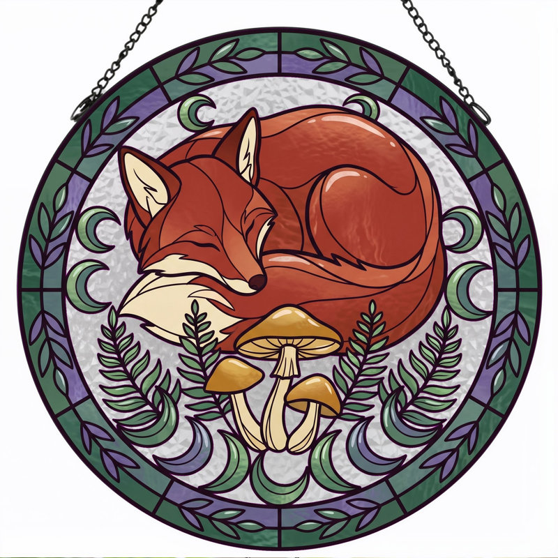 Sleeping Fox Stained Glass Window Panel，12"H, 12"H
