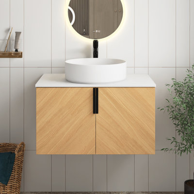 Meuble-lavabo mural de 30 po avec lavabo d'art en céramique blanc mat et dalle de pierre artificielle, 2 portes à fermeture douce