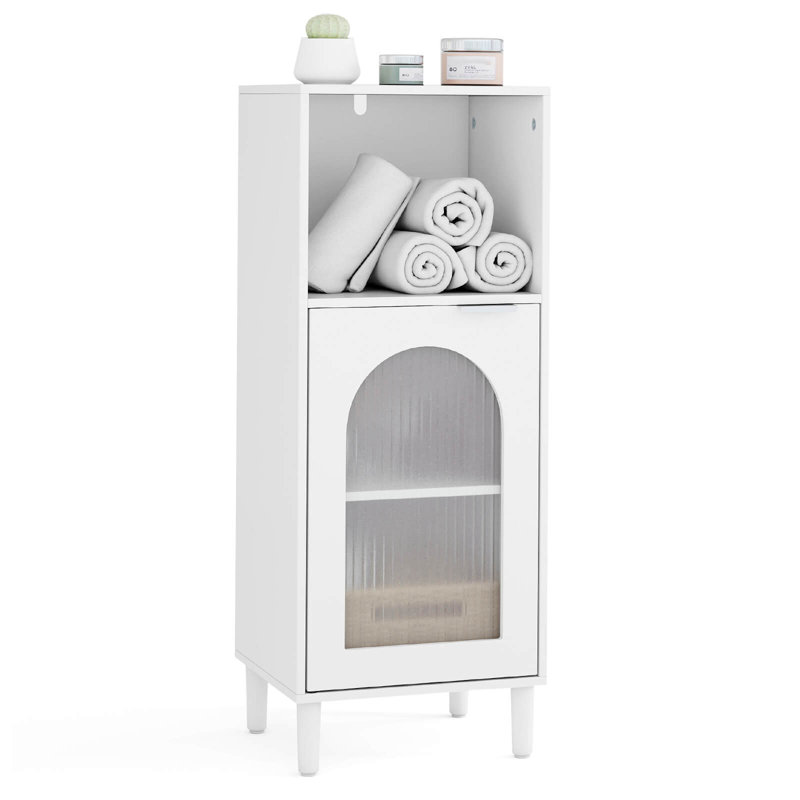 Bathroom Floor Cabinet Wood Side Storage Organizer with Adjustable Shelf White