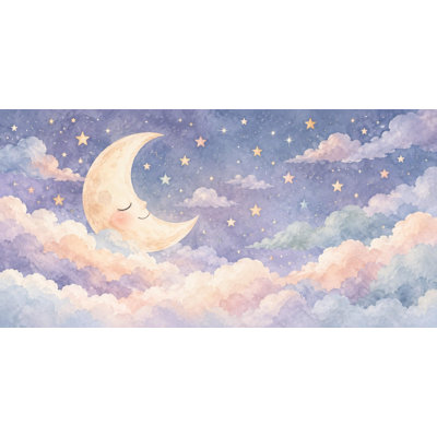 Sleepy Moon Wallpaper Mural, Peel and Stick Kids Room Wall Mural, Watercolor Space Nursery Wallpaper
