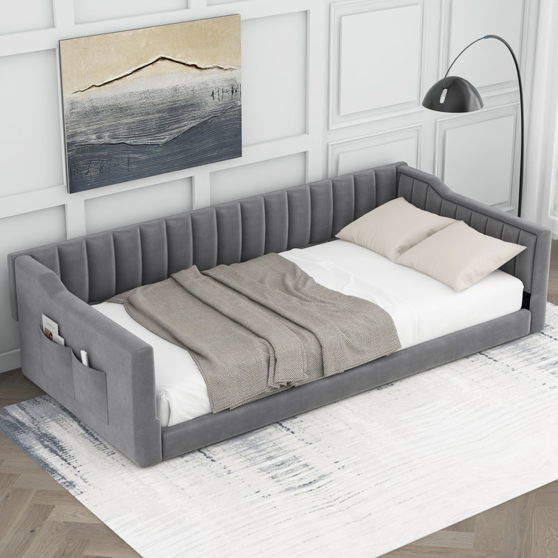Lit de jour simple rembourré de taille XL avec poche de rangement latérale et structure moderne, Gris