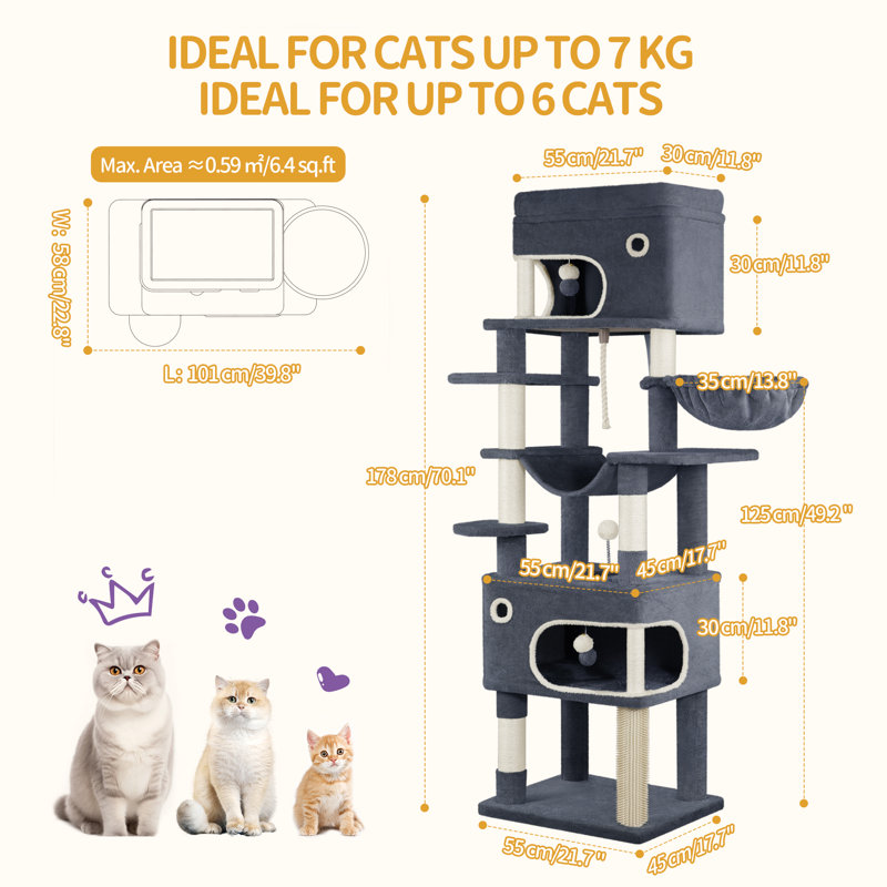 Cat Tree for Indoor Cats, Multi-layer Scratching Post with Large Platform, 2 Caves, 7 Sisal Posts, Pompoms, Cat Basket, Hammock, Suitable for Cats